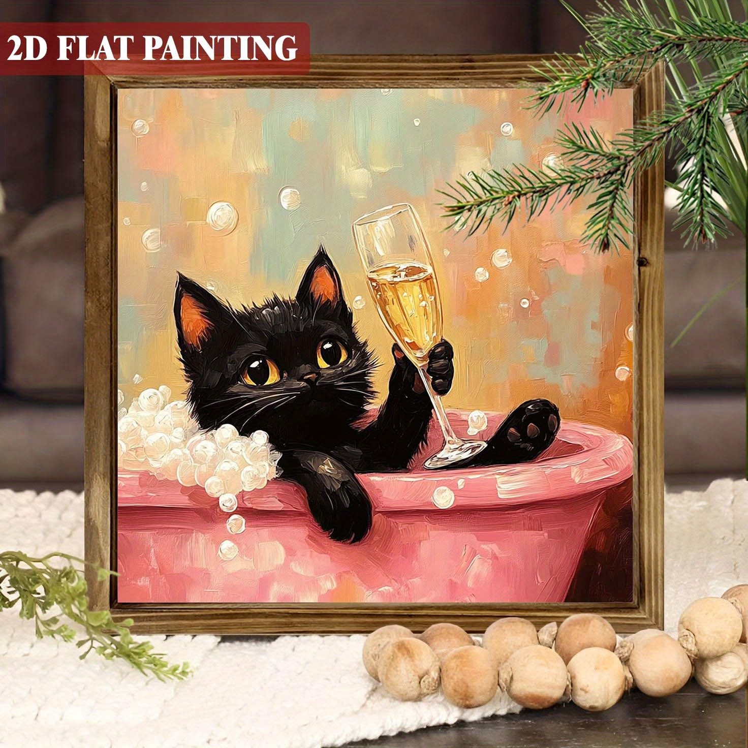 2D Whimsical Wooden Sign Black Cat Bathtub Art for Room Porch Cafe Bar Decor