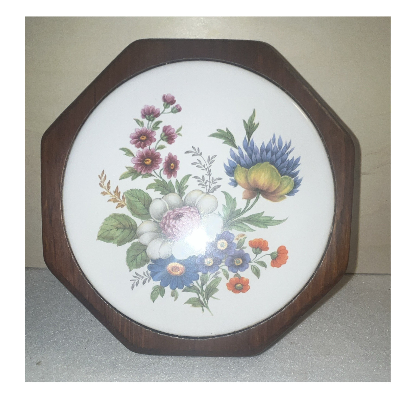 Octagon Floral Wall Plaque Wood Country Style Brown White Hanging 8 in
