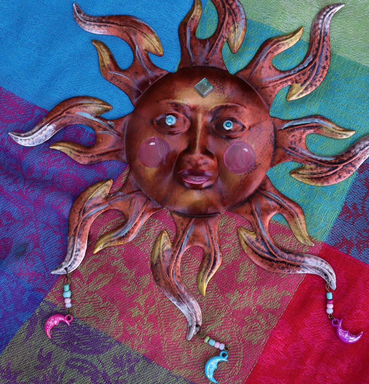 Boho Metal Sun Face Plaque Wall Hanging Half Moon Beads Celestial Bohemian Decor