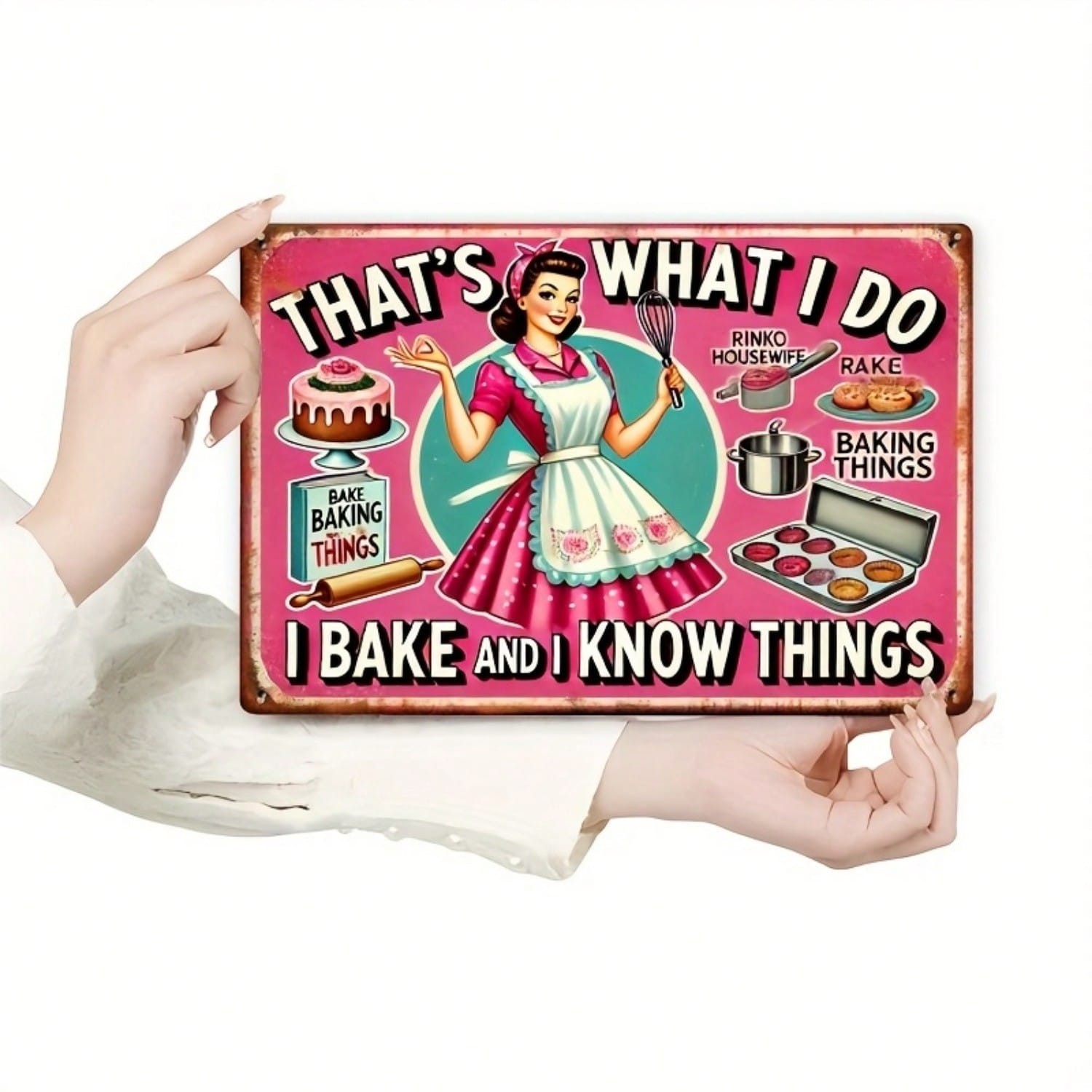 Retro Pink Baking Metal Tin Sign – Vintage 1950s Housewife Kitchen Metal Decor