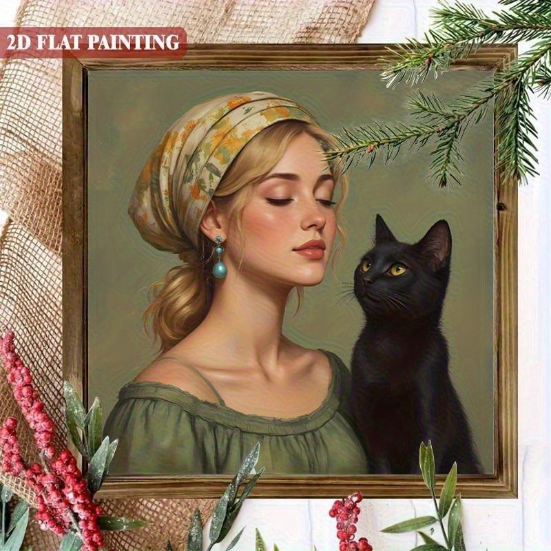 Vintage Portrait Blonde Woman With Black Cat Square Wooden Plaque Romantic Decor