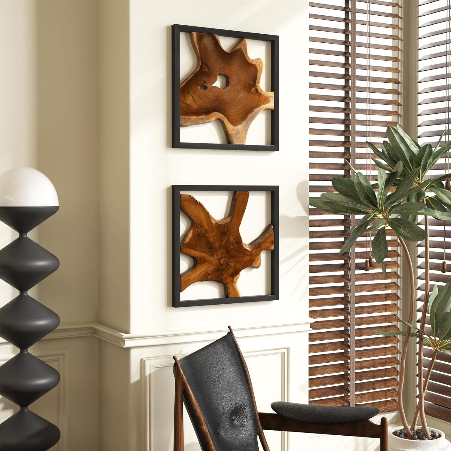 Rustic Live Edge Teak Wood Wall Art – 2 Pack with Black Frame, 17″x17