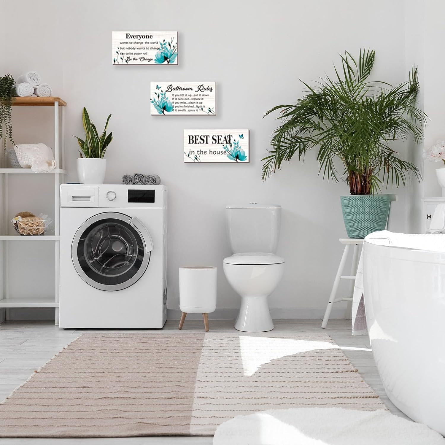 3-Piece Teal Bathroom Decor – Turquoise Flower Bathroom Rules Signs: ‘Best Seat