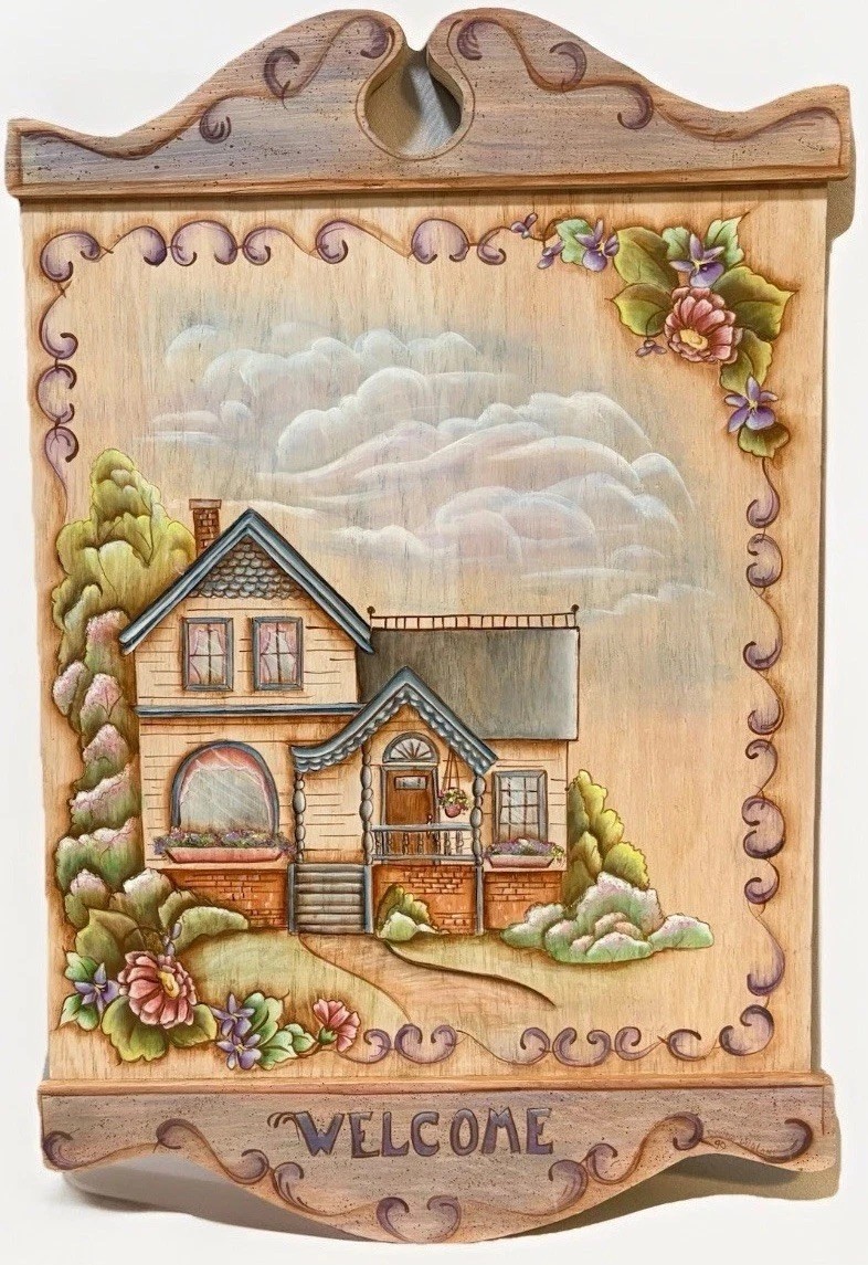 Hand Painted Wooden Welcome Sign Cottage Floral House Wall Decor 23” Signed