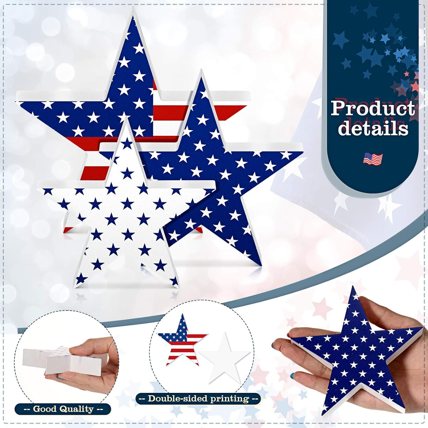 3 Pieces 4Th of July Wooden Star Signs Red White and Blue Wooden Stars Patriotic