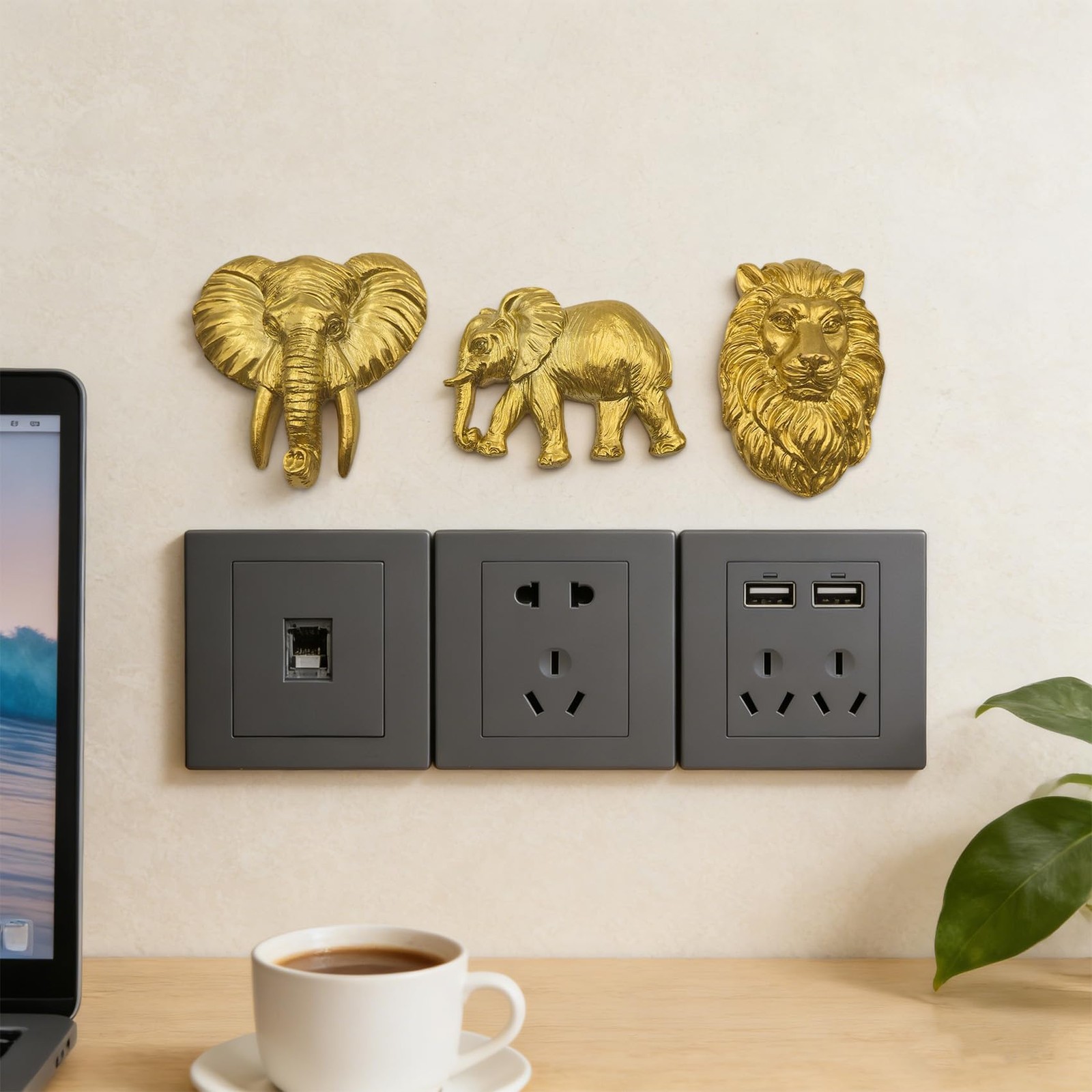 Gold Resin Elephant Wall Sculpture, 3D Elephant Wall Decor with Flat Back, An…