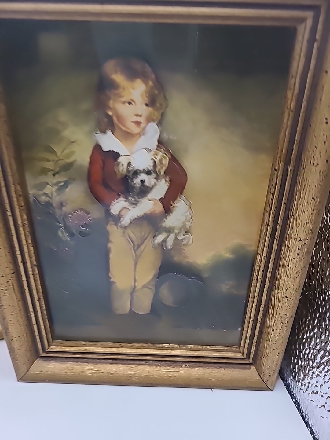 Pictures girl & boy in 3D paper in gold frame shadowbox. Glass,dried flowers.Vtg