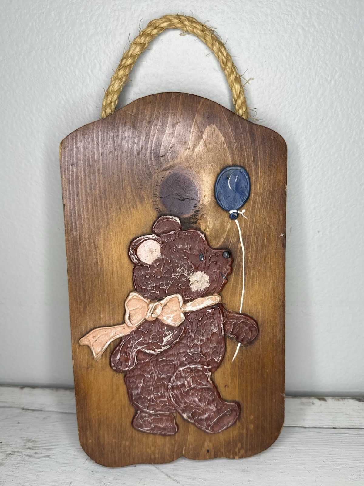 Vintage Wooden Teddy Bear Pink Bow, Balloon Sign Decor Farm Cottagecore Plaque