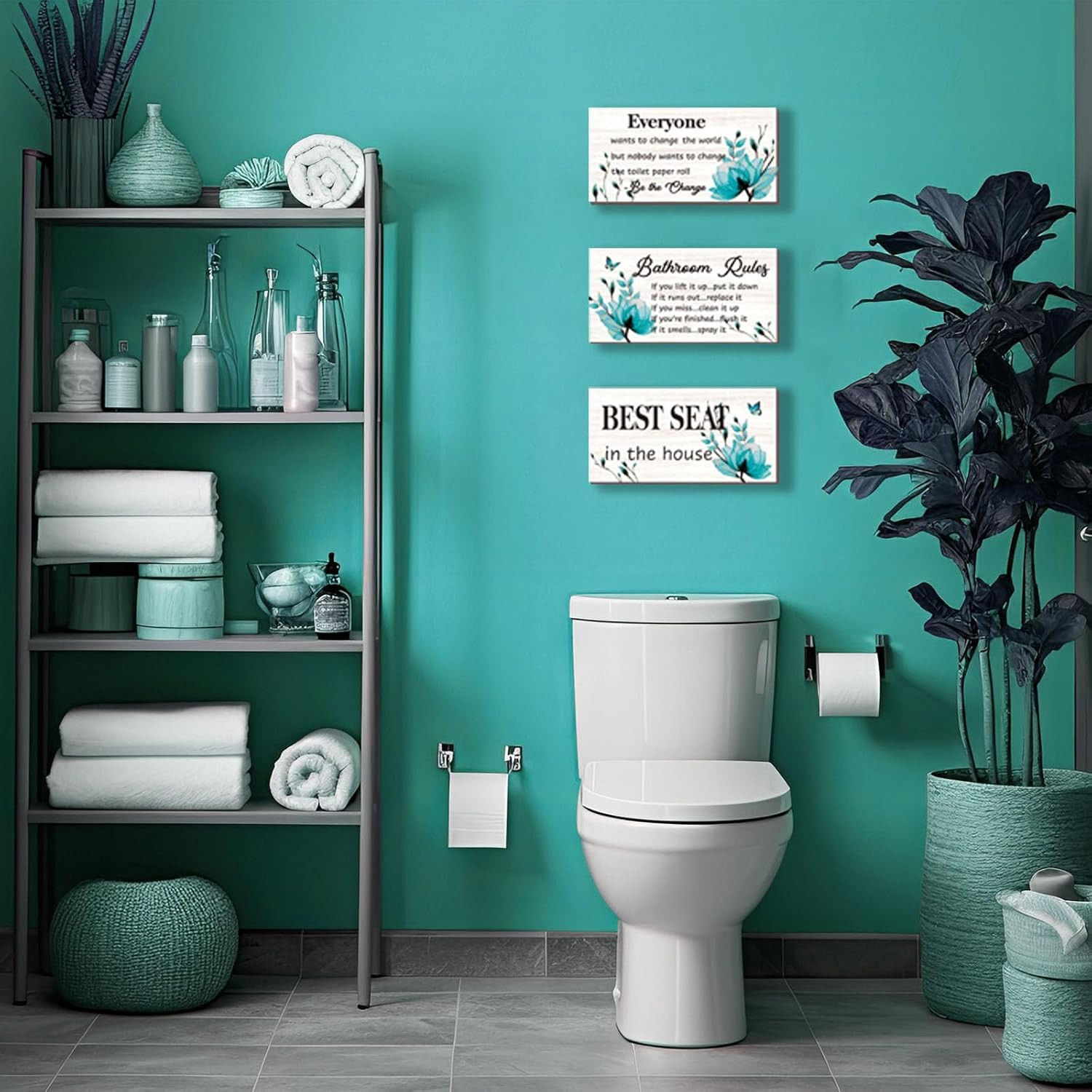 3-Piece Teal Bathroom Decor – Turquoise Flower Bathroom Rules Signs: ‘Best Seat