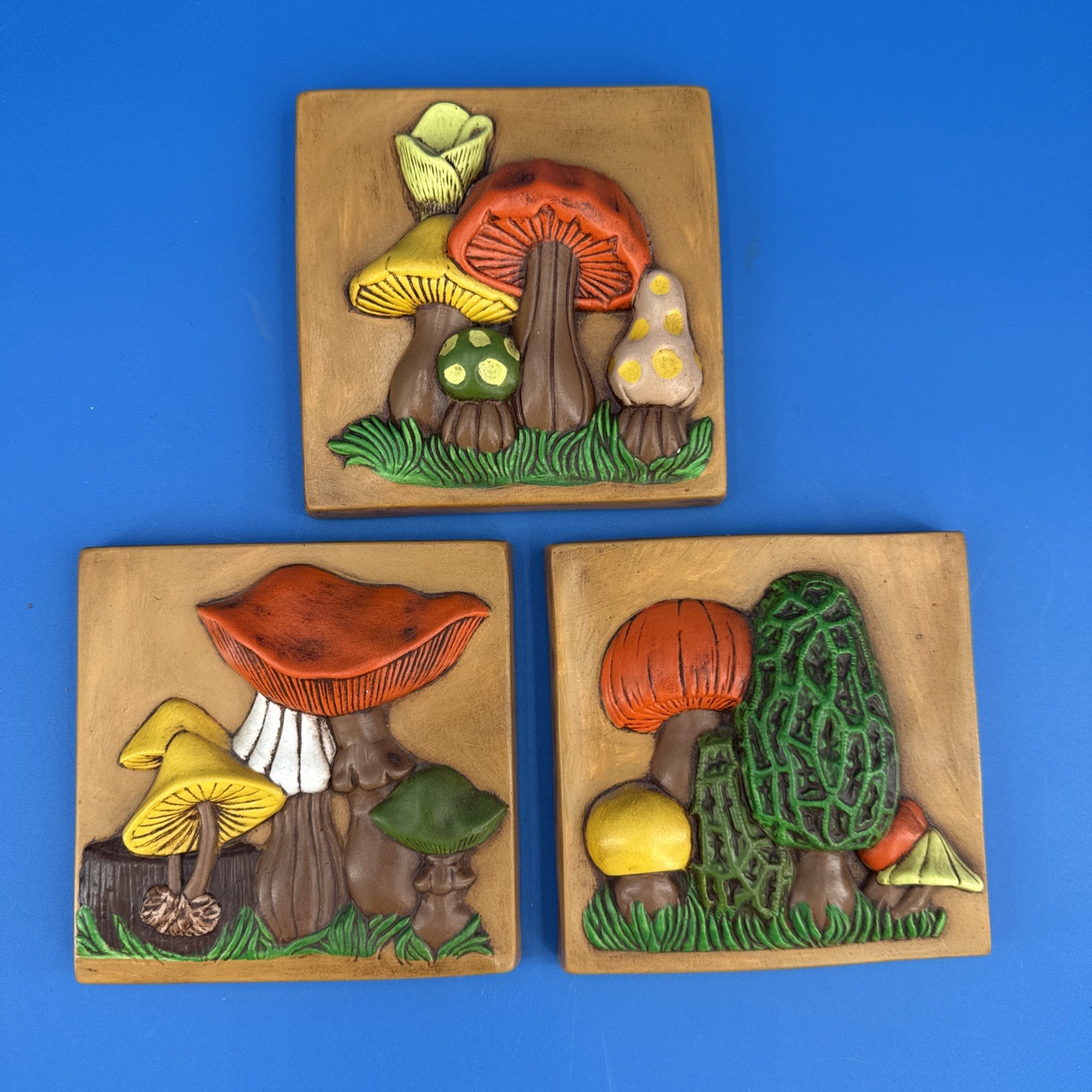 Vtg Lot Of 3 Mushroom Wall Art Hand Painted Orange Plaque 70s Ceramic 3D