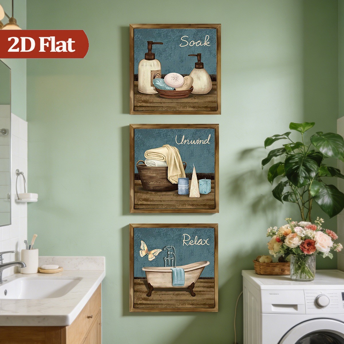 3Pcs Rustic “Relax Unwind Soak” Framed Wall Art Wooden Farmhouse Bathroom Decor