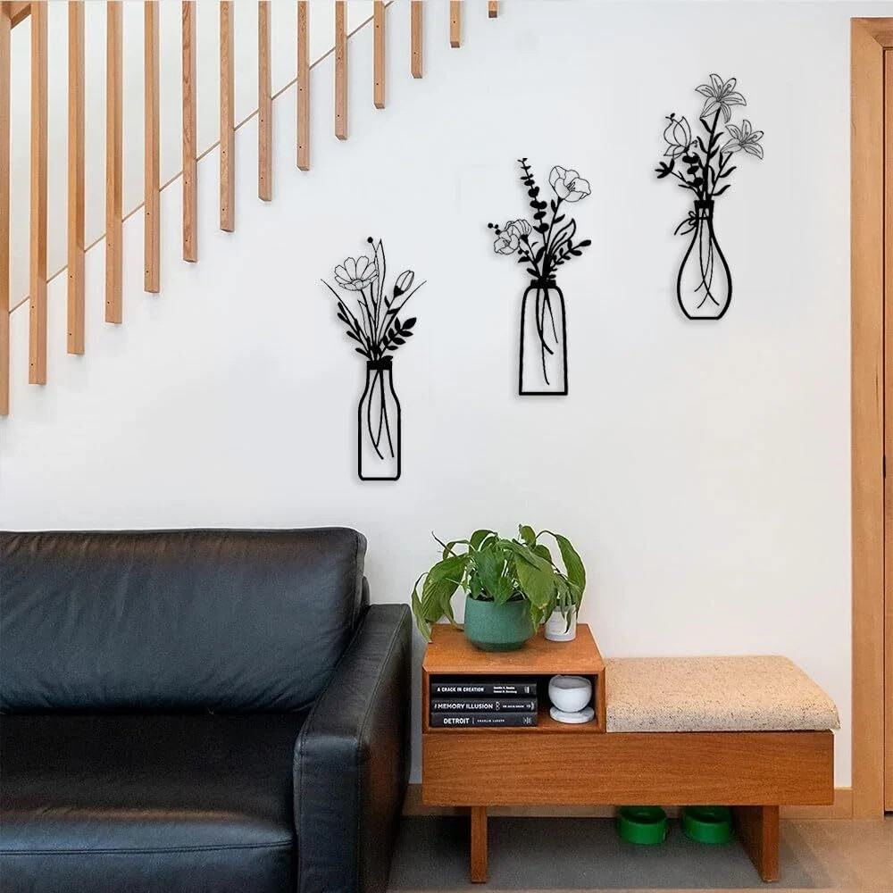 3 Pieces Black Metal Flowers Wall Decor Metal Wall Art Metal Minimalist Wall …