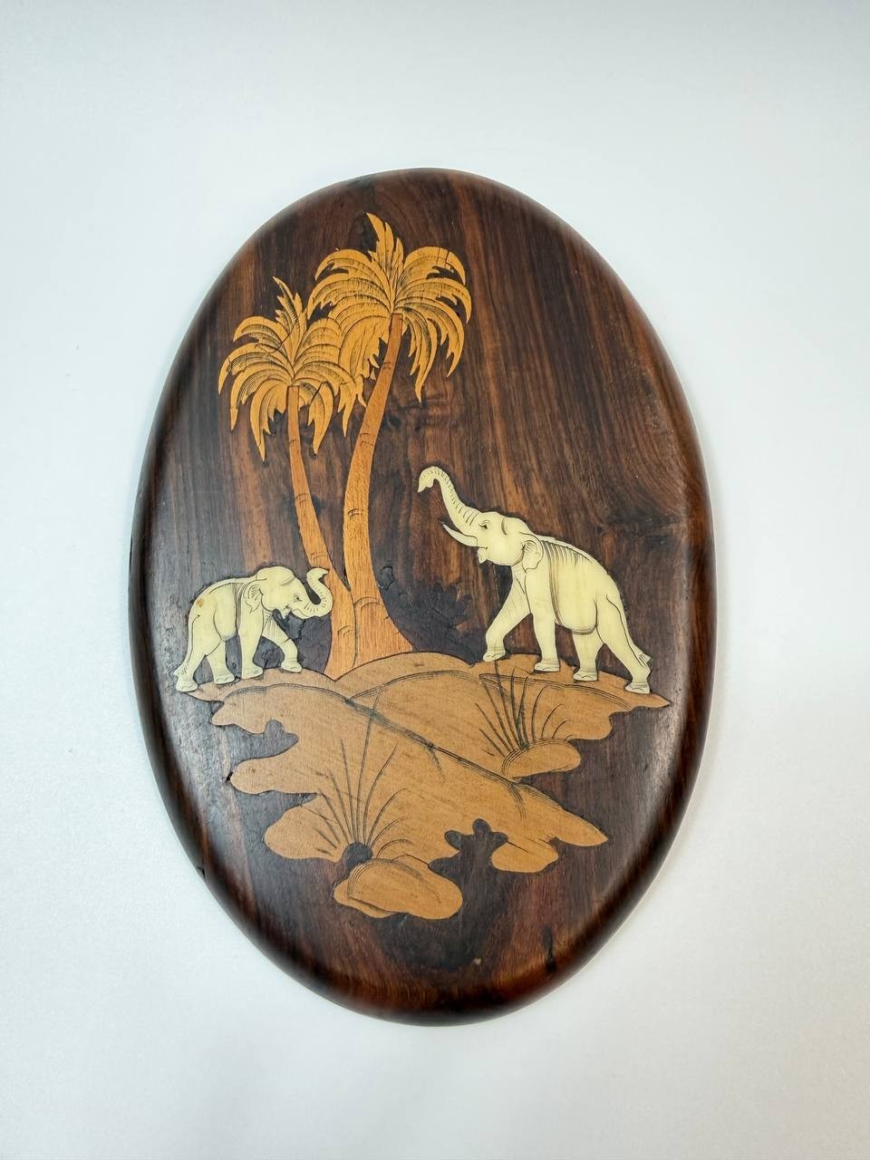 Wood Inlay Elephant Palm Trees Wall Plaque Handmade India Decor