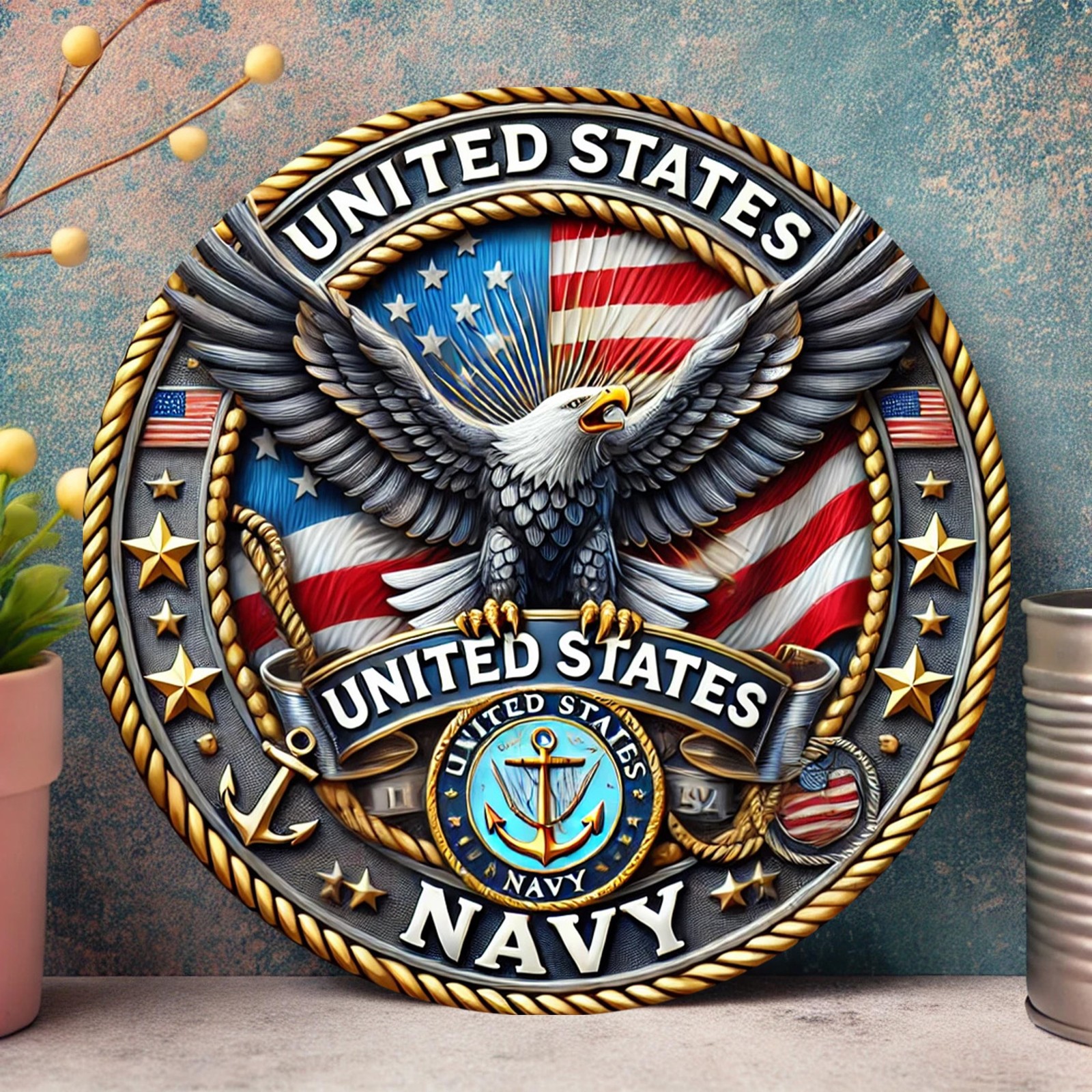 Tin Metal Sign United States Navy Eagle Emblem Aluminum Round 8×8