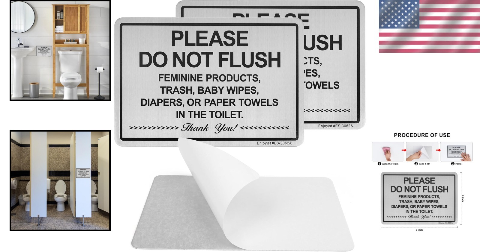 (2 PACK) Do Not Flush Sign for 9 x 6 inches, Brushed Aluminum /Black