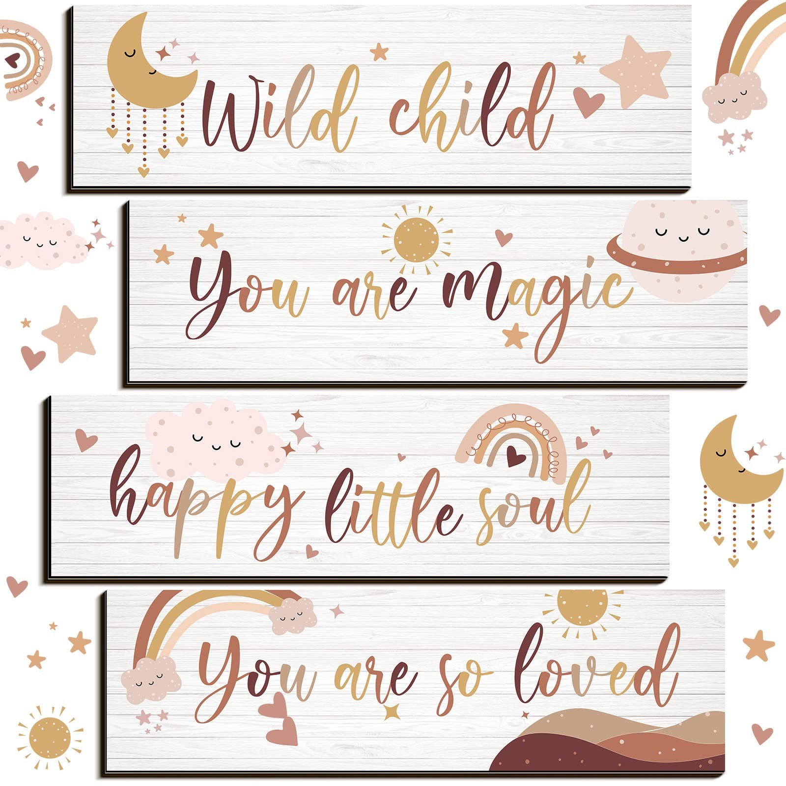 Boho Rainbow Inspirational Wall Decor 4 Pc Wooden Sign Kids Nursery Natural
