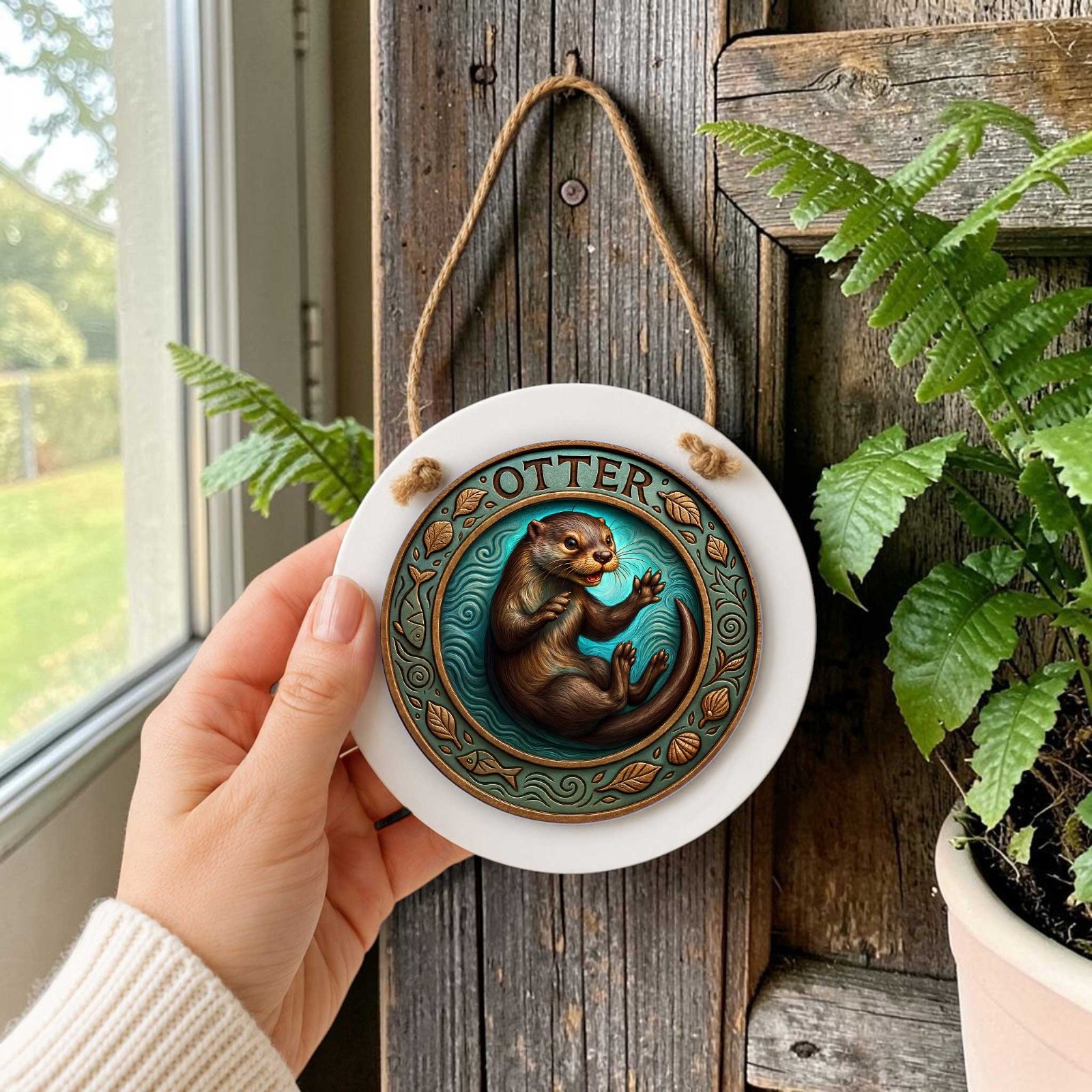 Rustic Otter Door Sign – Small Wall or Window Hanging Wreath Accent Plaque 4.8