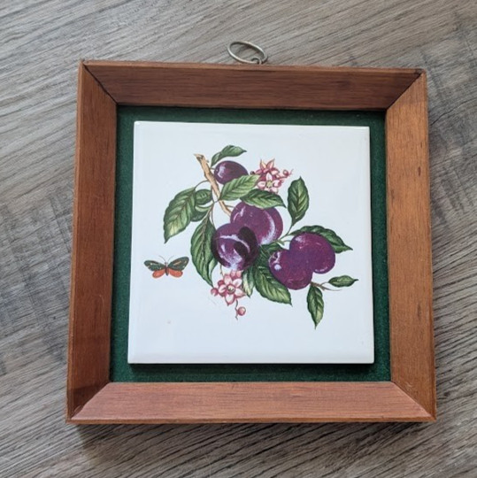 Vintage Napcoware Framed Ceramic Tile Wall Plaque Purple Plum Botanical M-6835