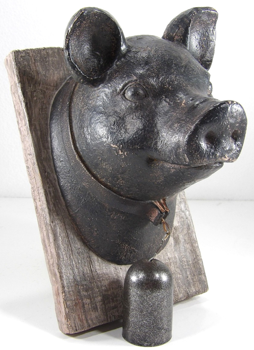 Pig Head With Bell Decorative Wall Decor Plaque Polyresin Brown Rusty Finish