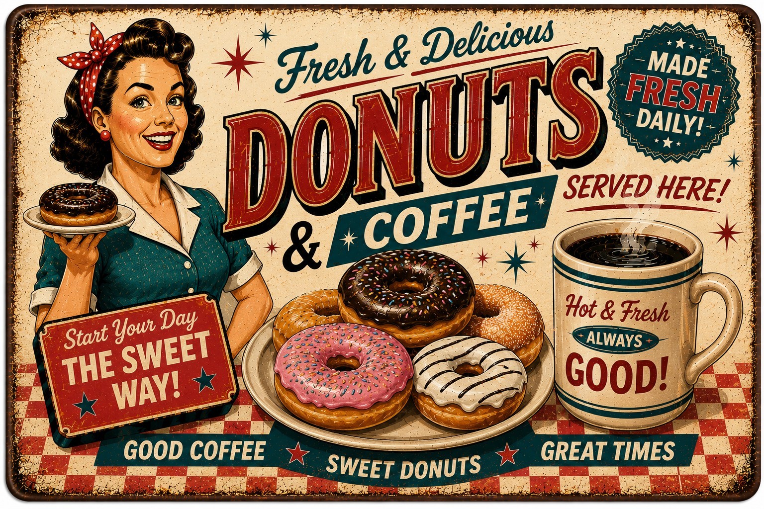 Retro Donuts Coffee Tin Sign Vintage Diner Bakery Kitchen Wall Decor Gift