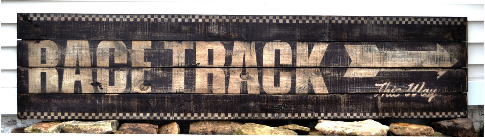 Race Track This Way – Arrow Wood Sign – Rustic Hand Made Vintage Wooden Sign