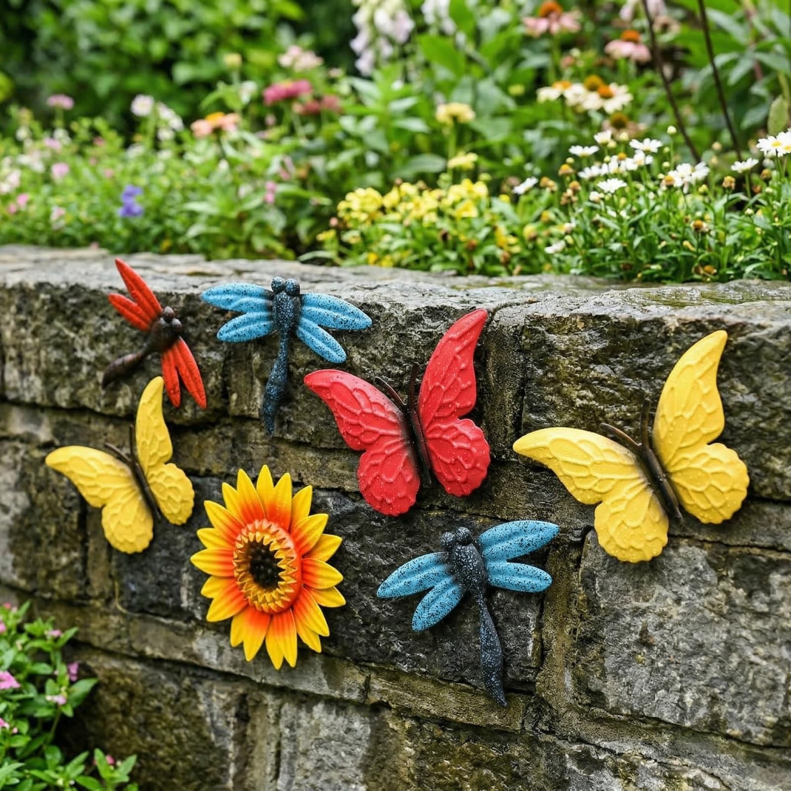 9 Pack Metal Flowers Wall Decor, Small Outdoor Fence Decoration, Butterfly Dr…