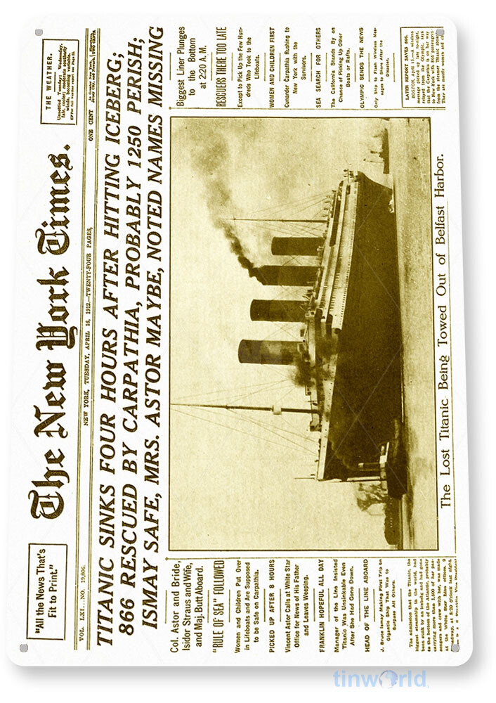 TIN SIGN Titanic Headlines Historic Events Newspaper Metal Decor B912