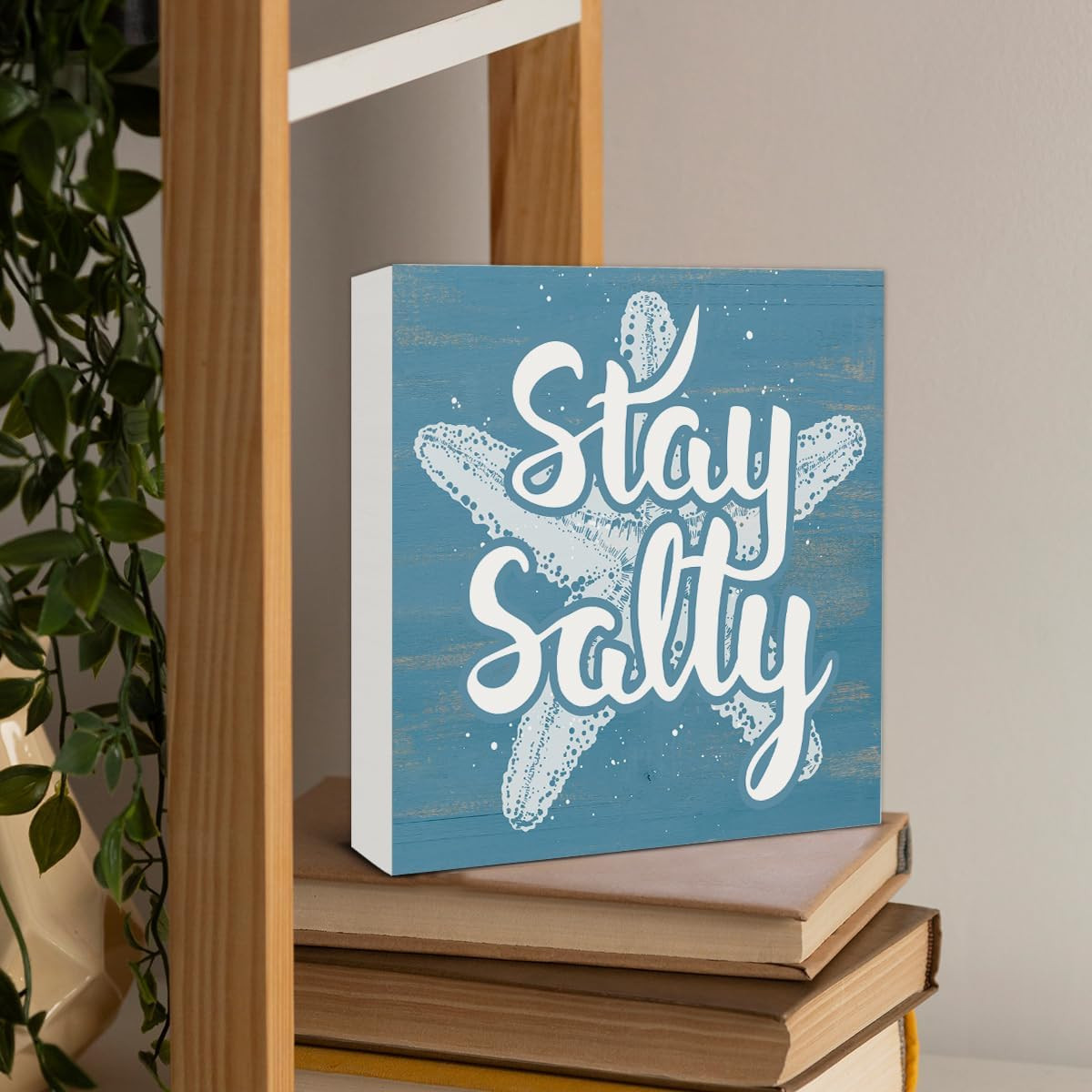 Beach Wooden Box Sign Decor, Starfish and Summer Decor Stay Salty Wood Block Pla