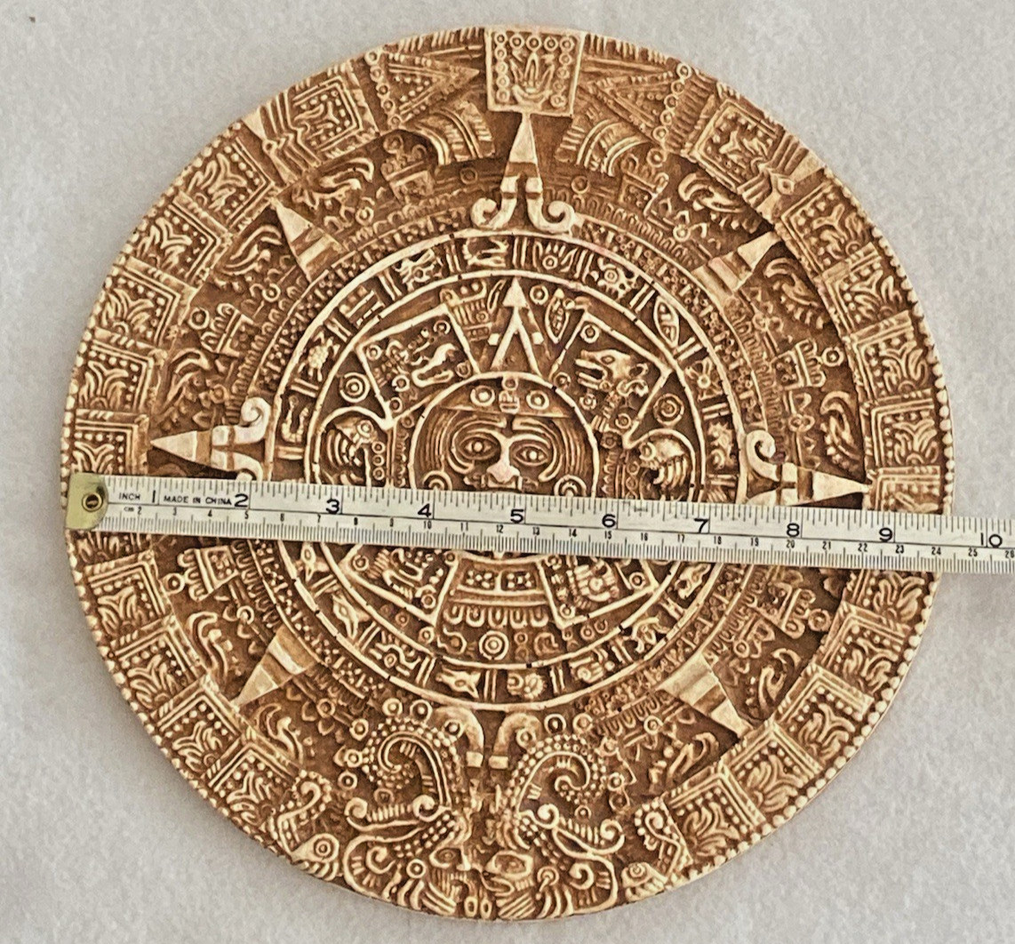 Aztec Calendar Sun Stone Wall Plaque Carved Resin 9 1/2″