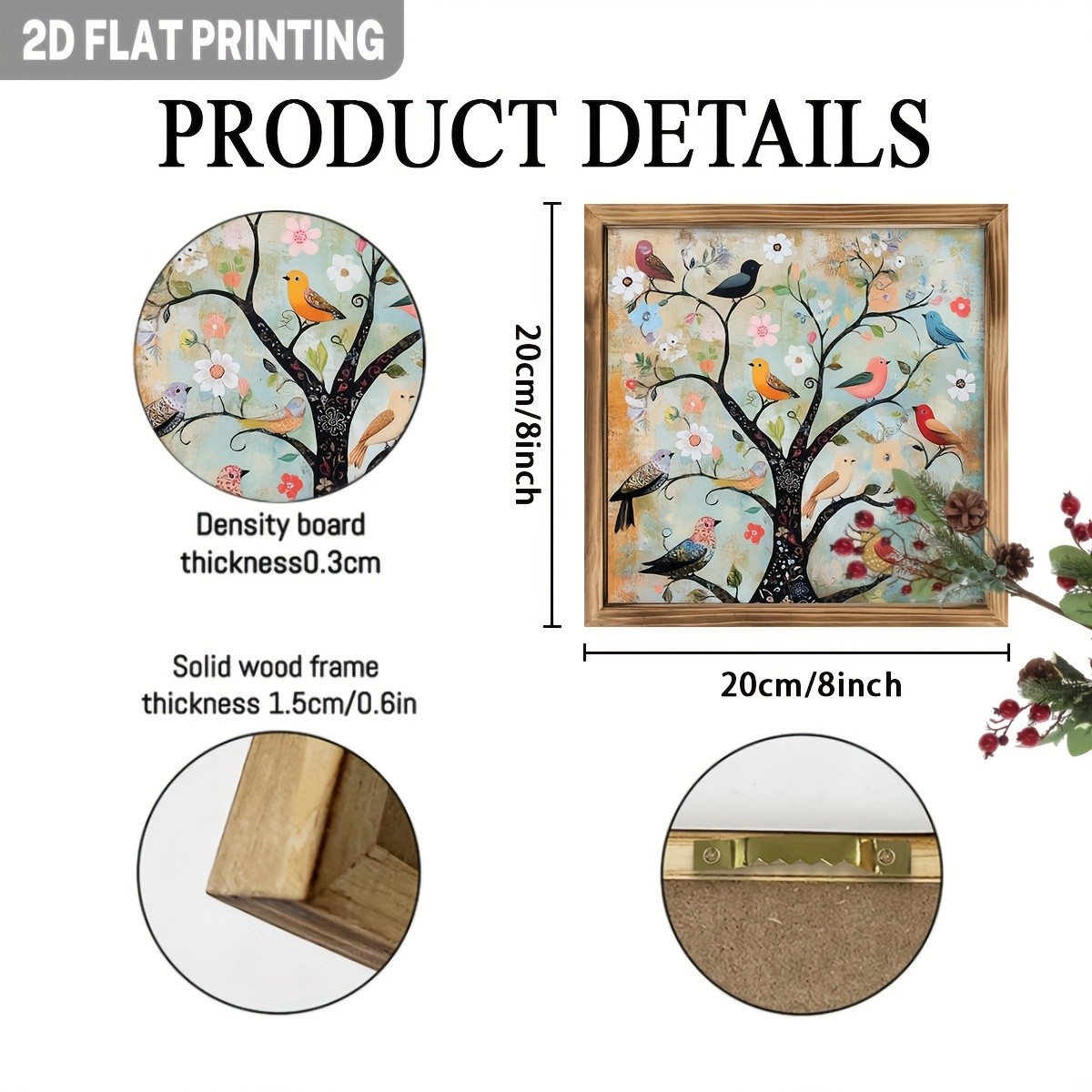 Colorful Bird Tree Wooden Framed Art Plaque Sign Rustic Farmhouse Home Decor
