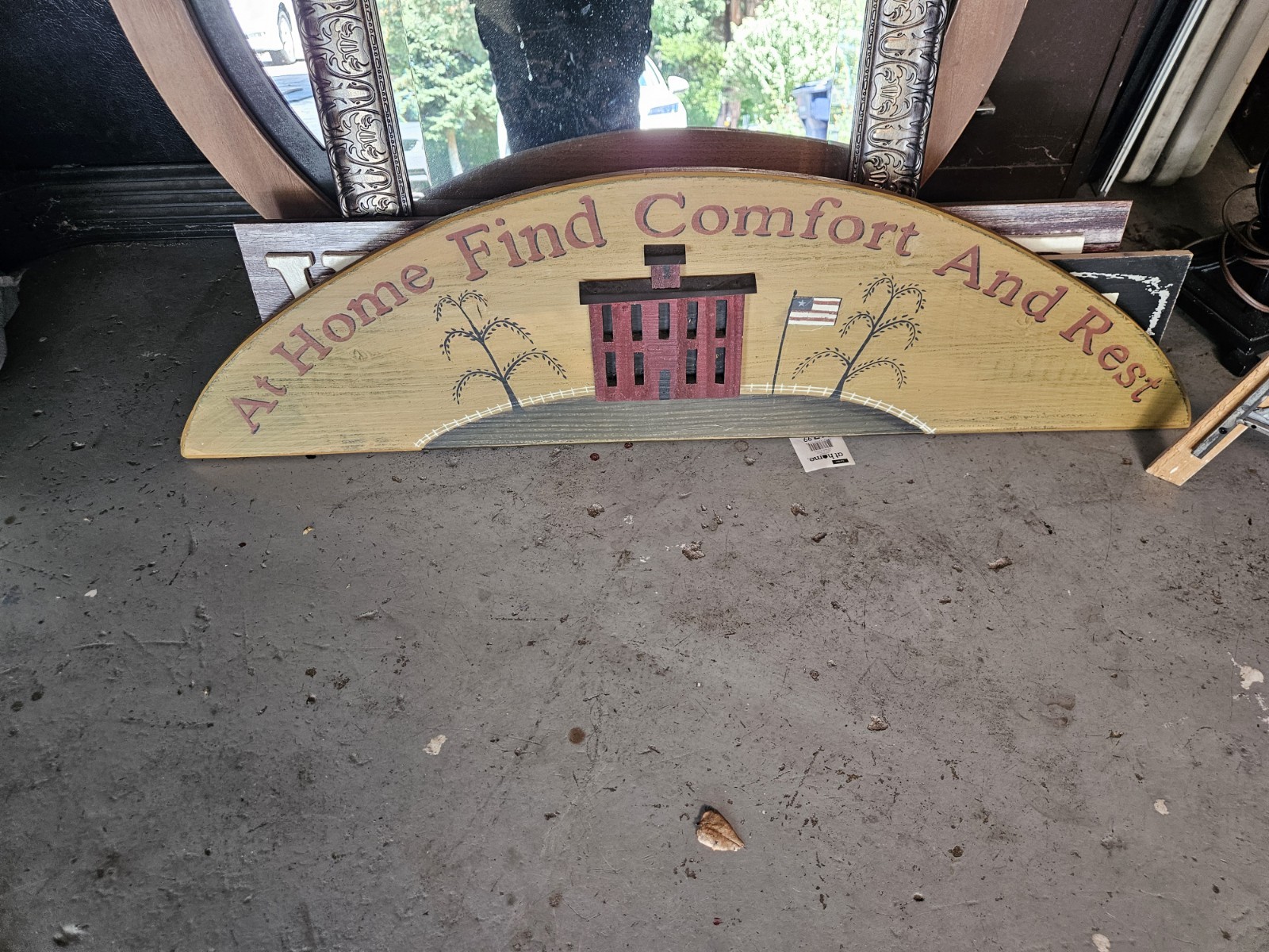 Primitive Half Moon Painted Wood Wall Sign “At Home Find Comfort And Rest”