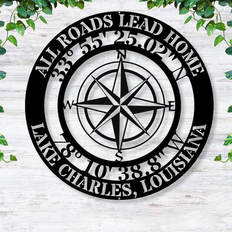 Personalized Compass Metal Sign Custom Coordinates Wall Art Nautical Home Decor