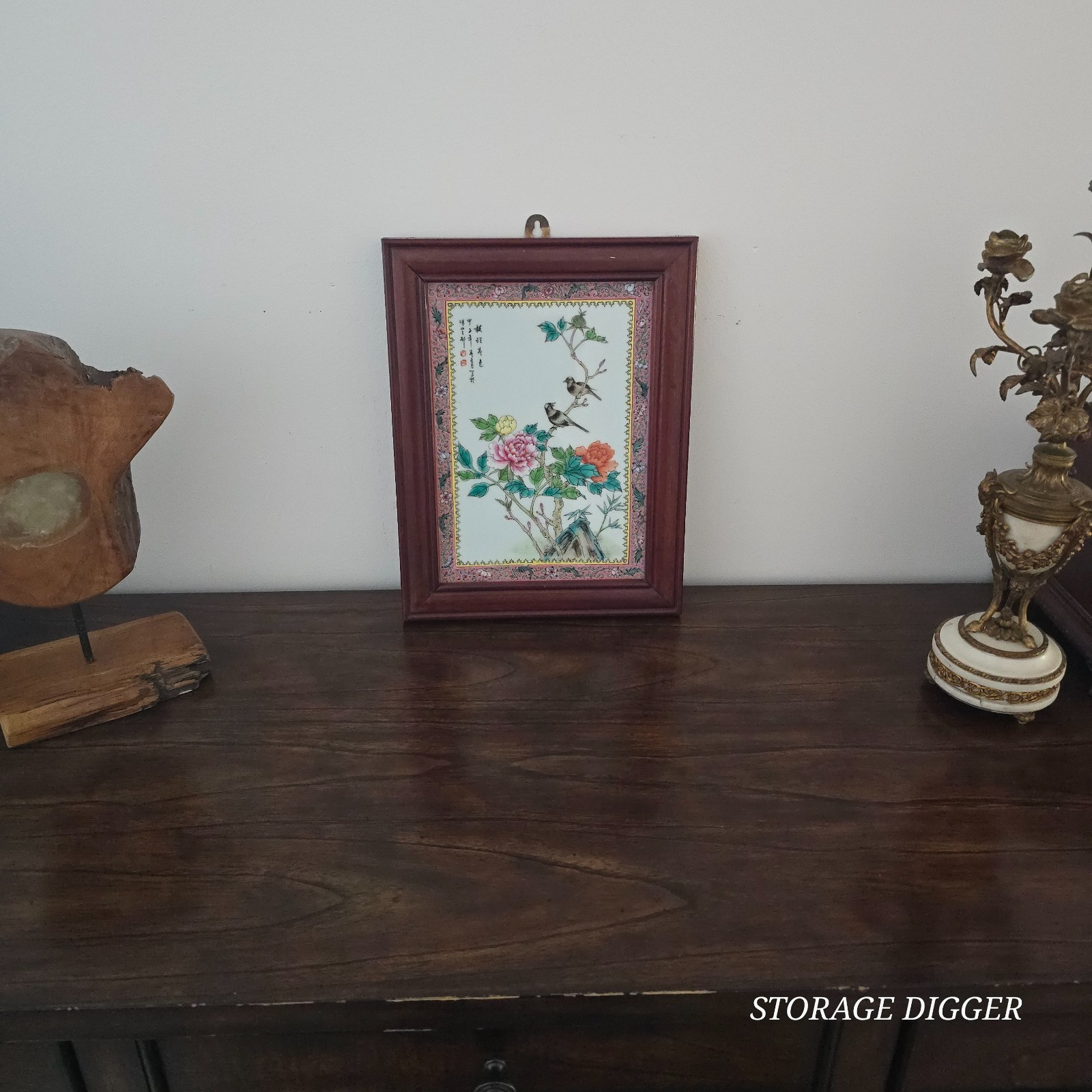 VTG Chinese Famille Rose Porcelain Panel Plaque Signed Framed Wall Hang 15″x12″