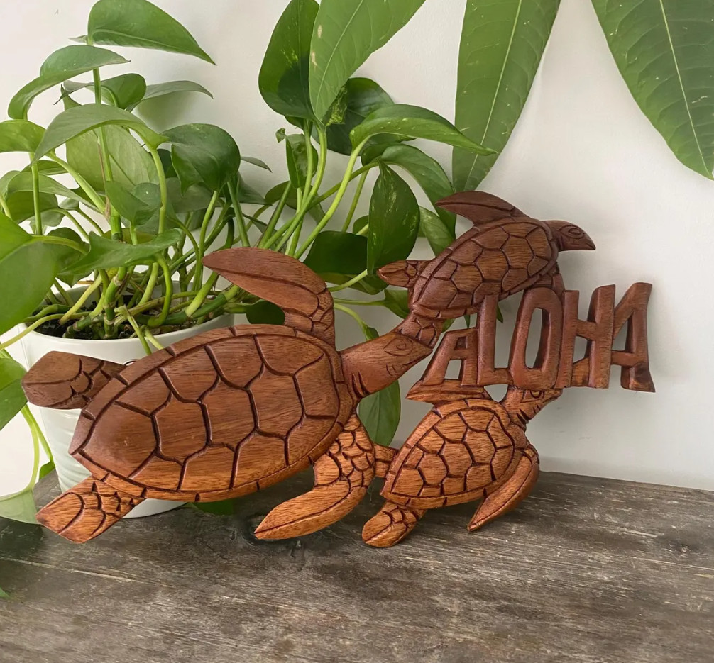 Hawaiian Hand Made Wall Hanging Decor Wood Carving Sign Turtle Honu Family ALOHA