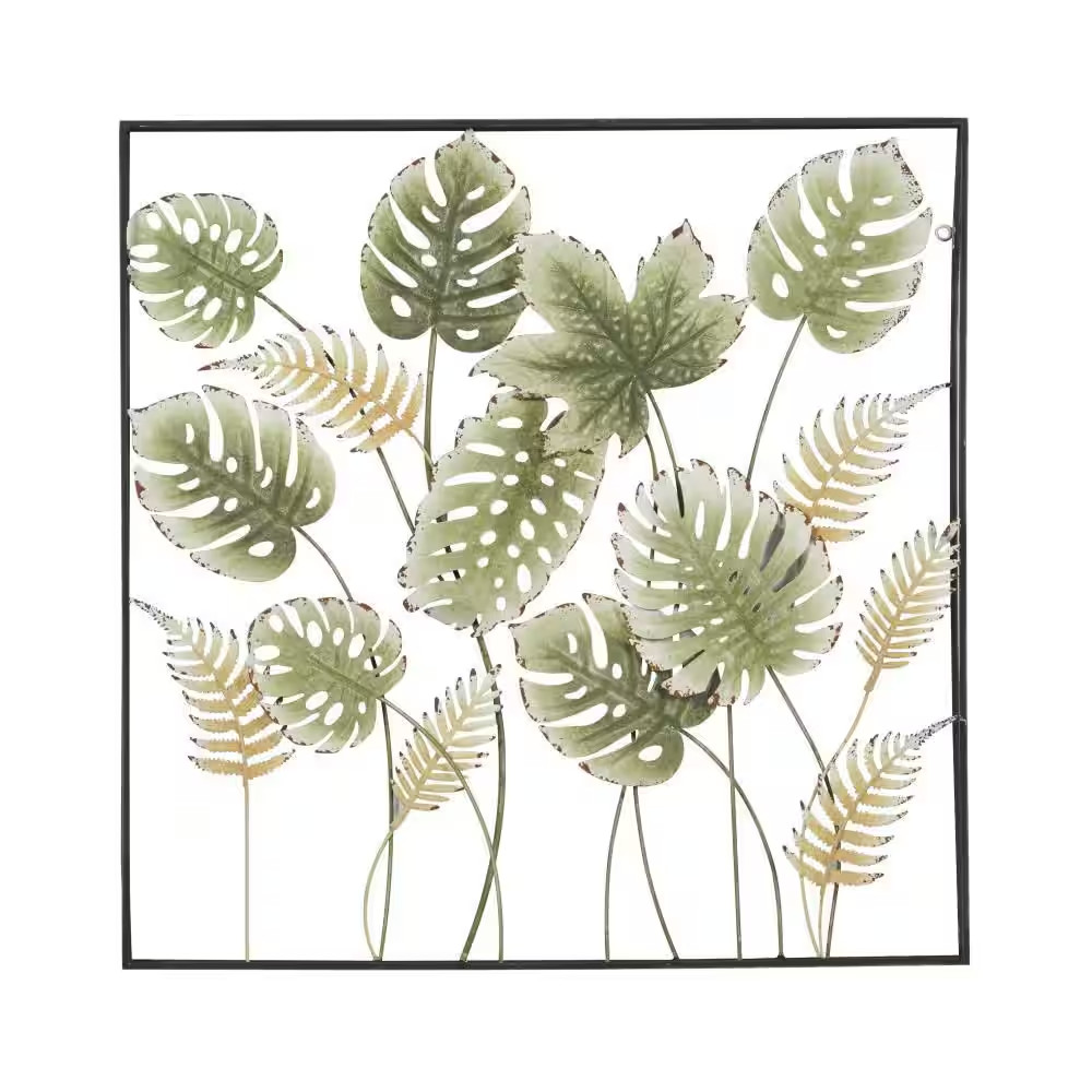 30 In. X 30 In. Metal Green Tall Cut-Out Leaf Wall Decor with Intricate Laser Cu