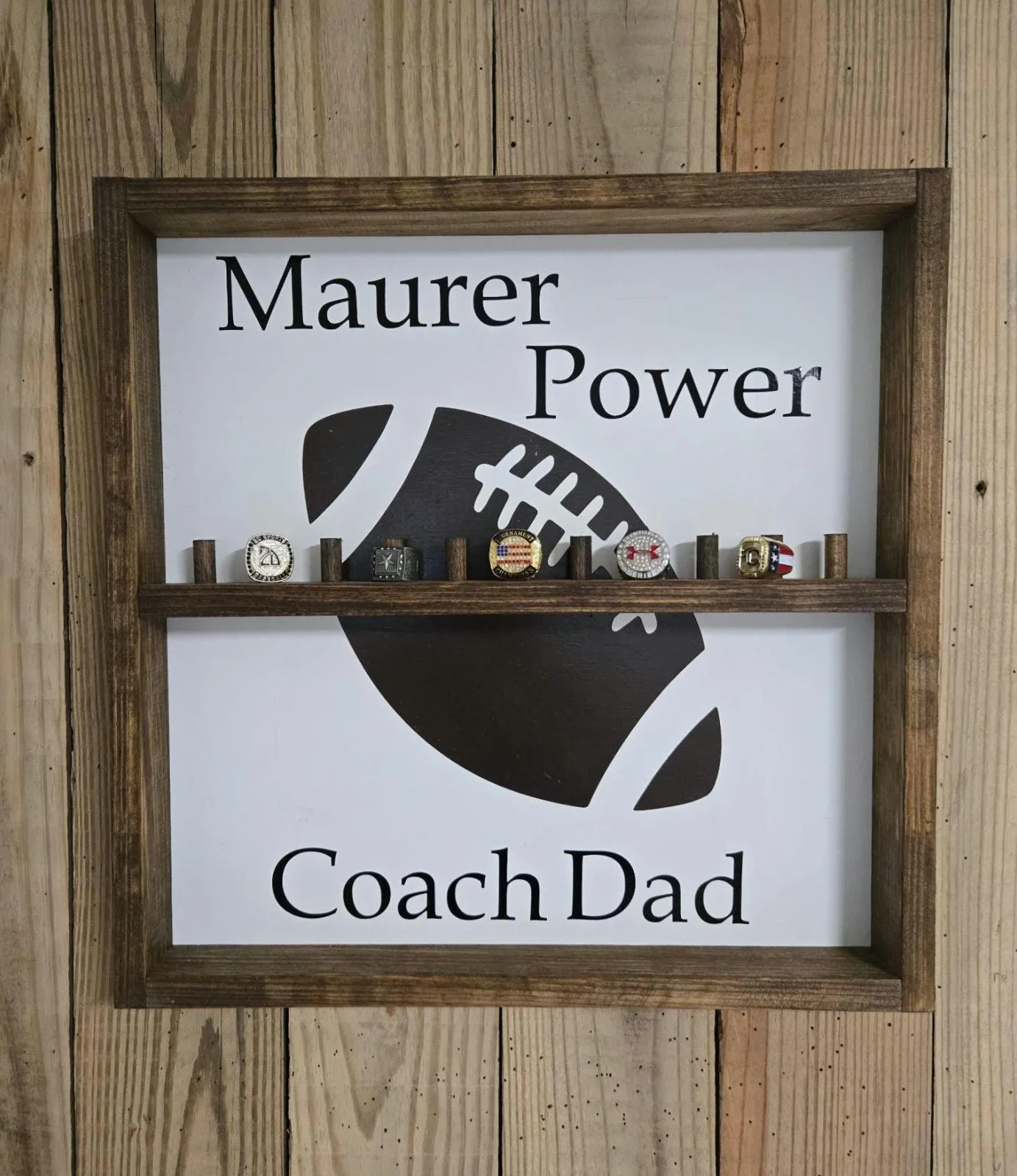 Personalized Football Ring Display: Handmade Wood Trophy Shelf, Boys Room Decor