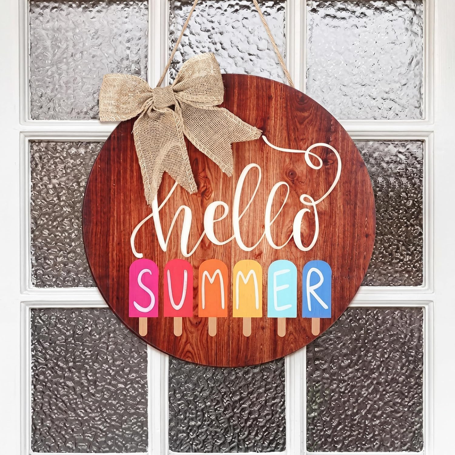 Hello Summer Sign, Cute Ice Cream round Wooden Door Hanger 12″ with Linen Bow, R