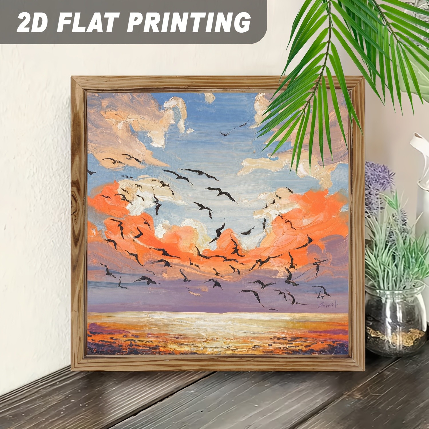 Wooden Plaque Impasto Ocean Sunset Seagull Soft Country Home Wall Decor Gift