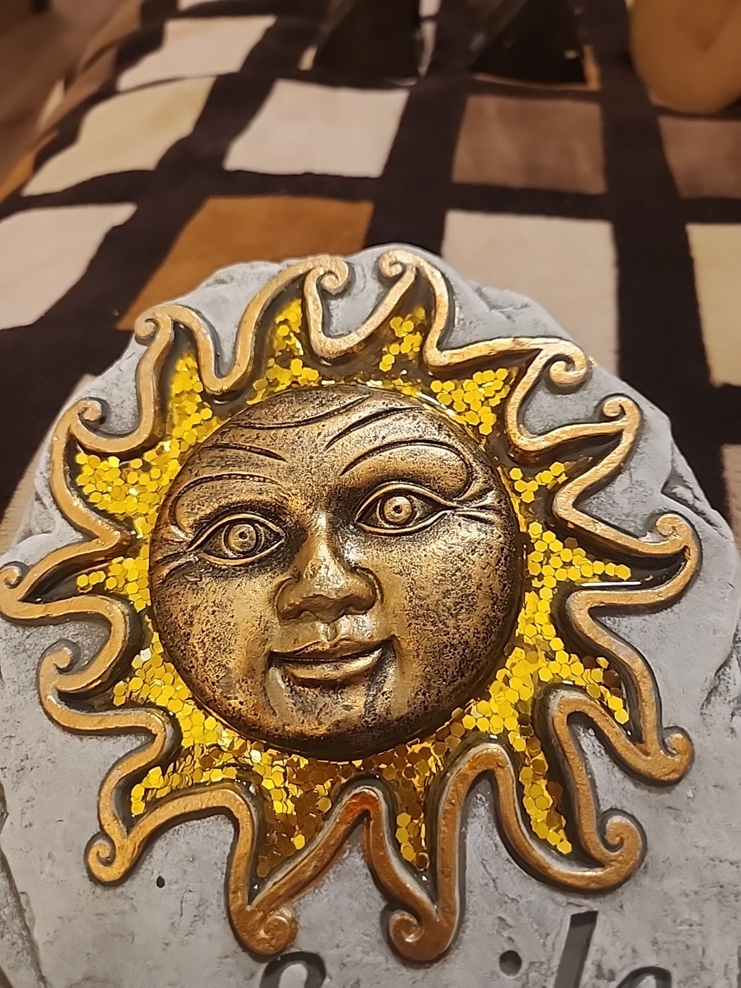 Cement Stone Gold Sun Moon Garden Smile Plaque Decor 7.5″ x 7″ FP