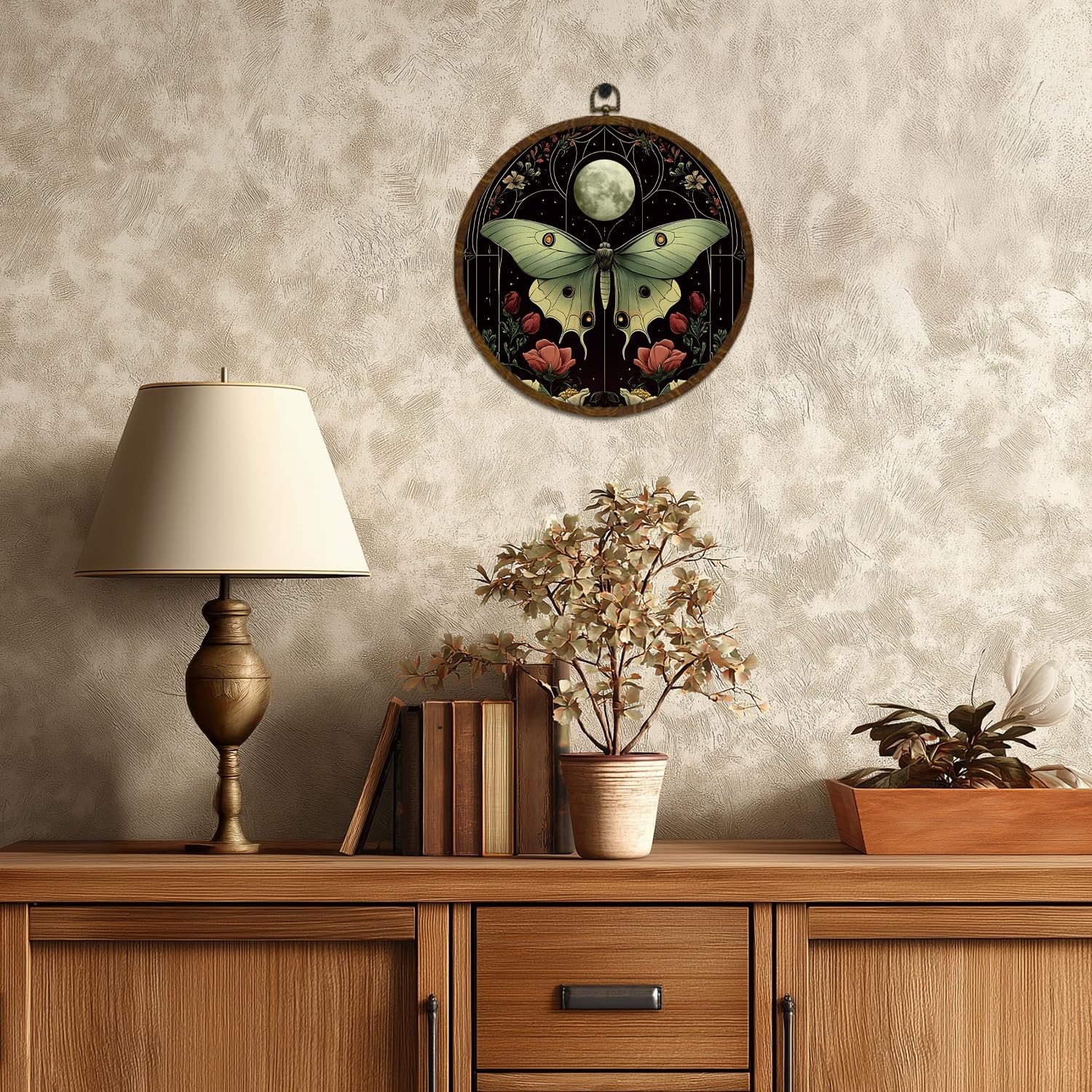 Mystical Luna Moth Round Wall Art,Moon and Floral Canvas Prints, Gothic Botan…