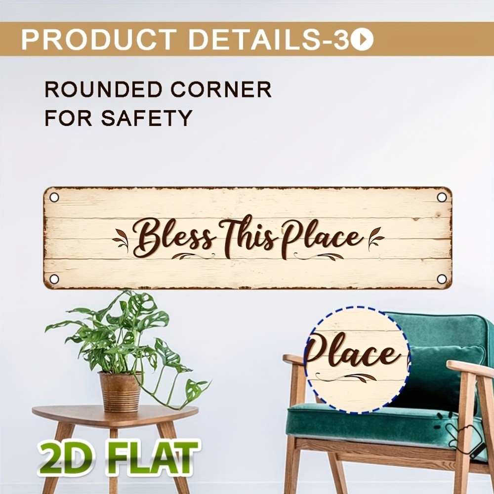 Retro Wood Grain Metal Sign Bless This Place Leaf Floral Print Entry Wall Decor