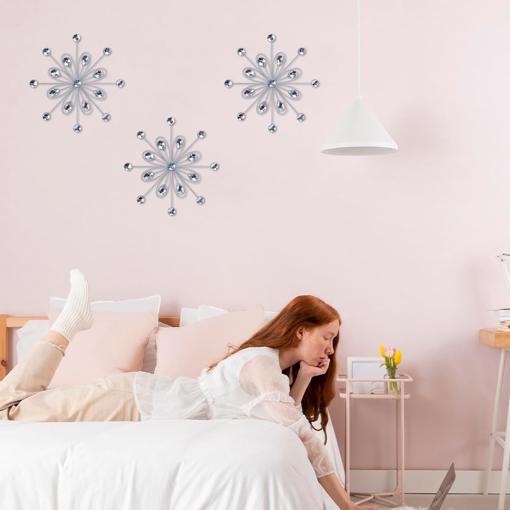 3pcs Silver Metal Flower Wall Art – Jeweled Crystal Decor for Indoor/Outdoor, Li