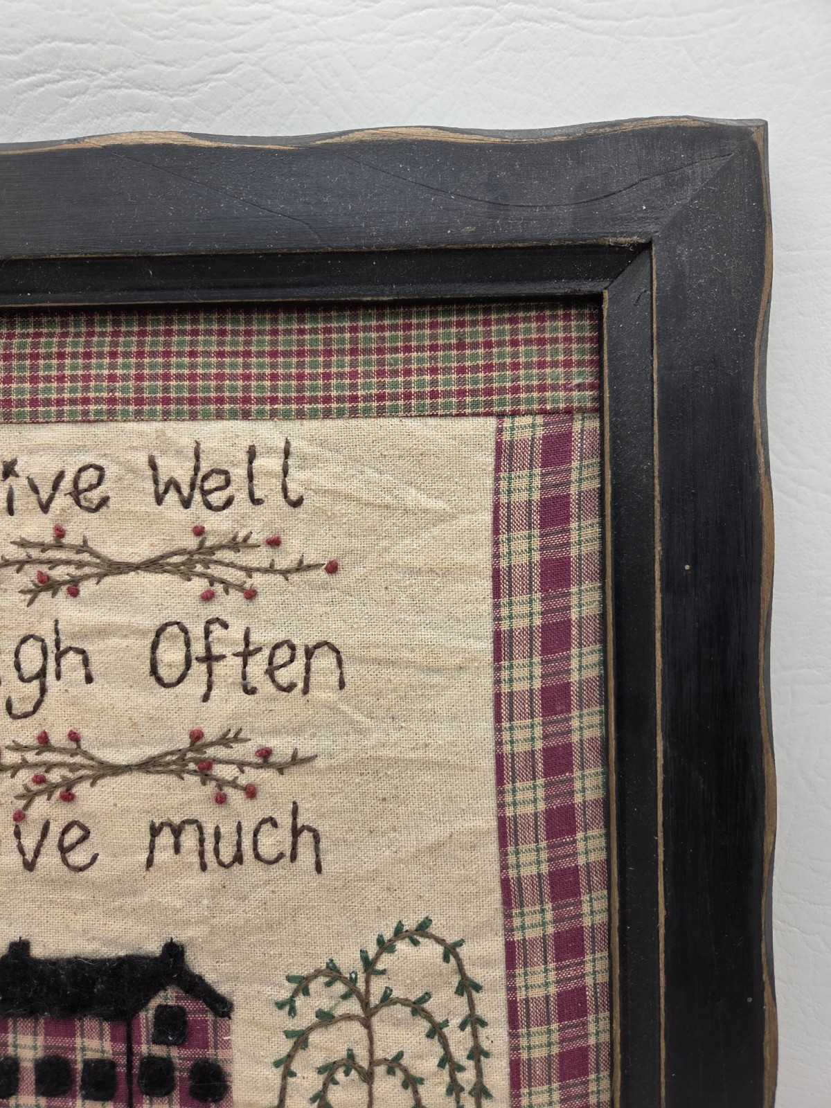 Primitive Style Framed Quilt Block Stitched Saltbox House Willow Tree Checkered
