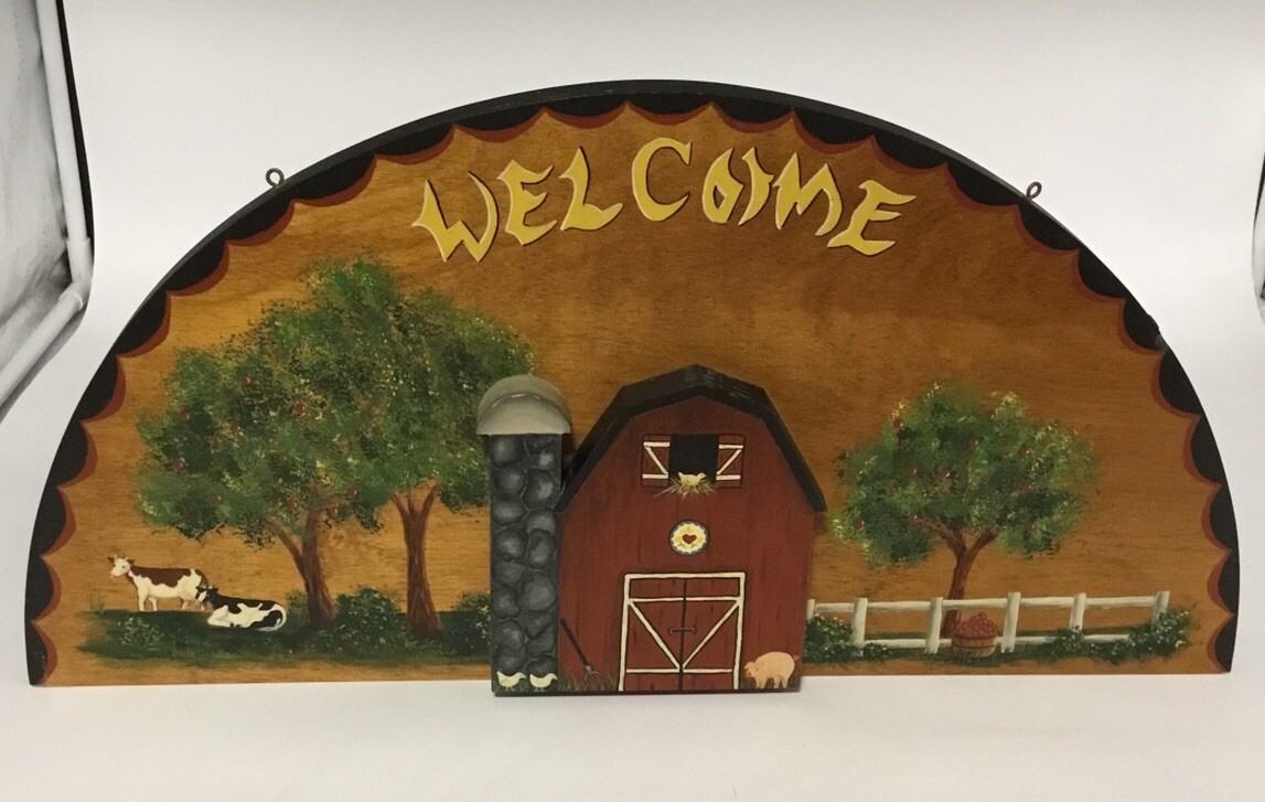 Welcom Wooden Plaque/ Sign Hanging Half – Moon Hand-Painted By J. Wilkins “85”