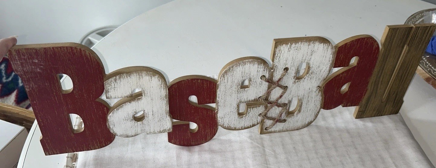 Baseball Wood Art Wall Hang w Jute Rope Lacing Rustic Distressed Bedroom Cave