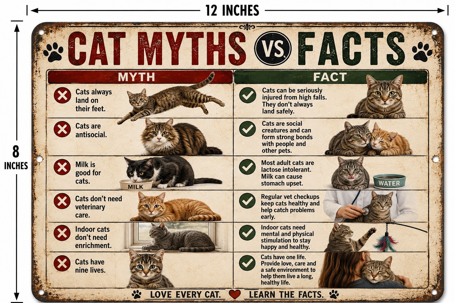Cat Myths vs Facts Metal Tin Sign Funny Cat Lover Wall Decor Vintage Pet Gift