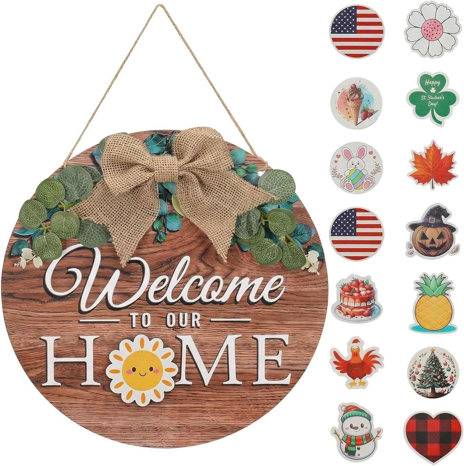 Interchangeable Seasonal Welcome Door Sign Front Door, Rustic round Wreaths Wall