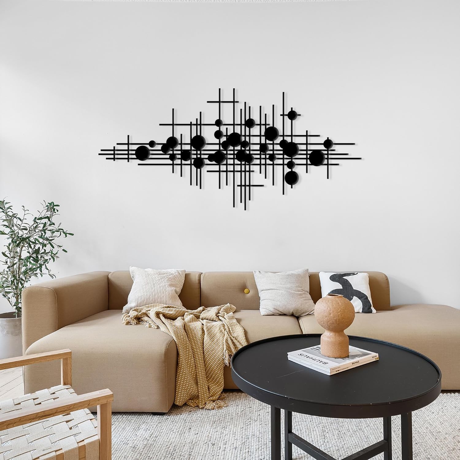 Rajukit Modern Geometric Abstract Metal Wall Art – Black Wall Decor – Large Meta