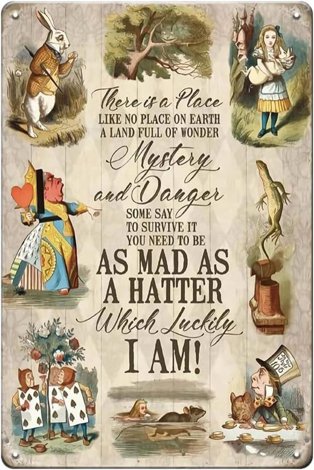 Metal Tin Sign Wonderland Mad Hatter 12×8 Aluminum Funny Party Decor