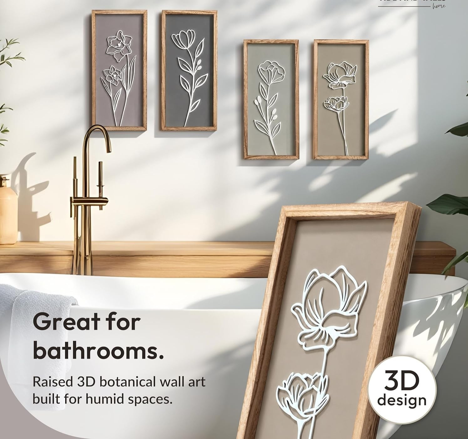 3D Wooden Floral Bathroom Wall Decor (Set of 4) Lightweight, Ready-to-Hang Frame